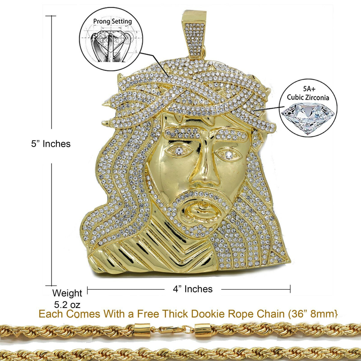 CZ Huge Jesus Pendant Rope Jewelry Iced Gold Jumbo