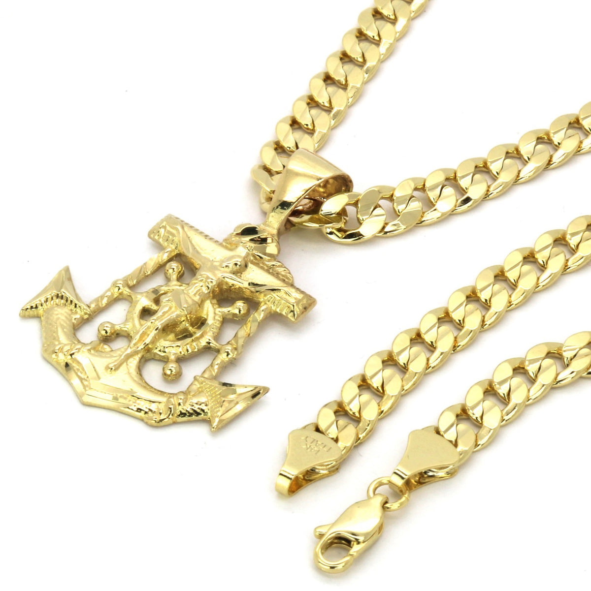Men's 14k Gold Jesus Anchor Pendant 6mm 24" Inches Cuban Necklace Chain