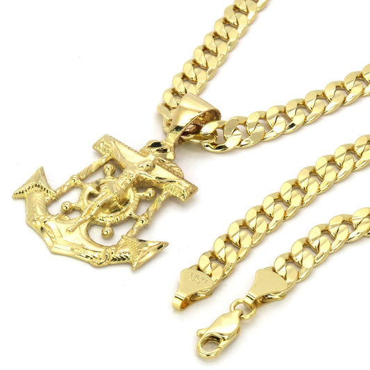 Men's 14k Gold Jesus Anchor Pendant 6mm 24" Inches Cuban Necklace Chain