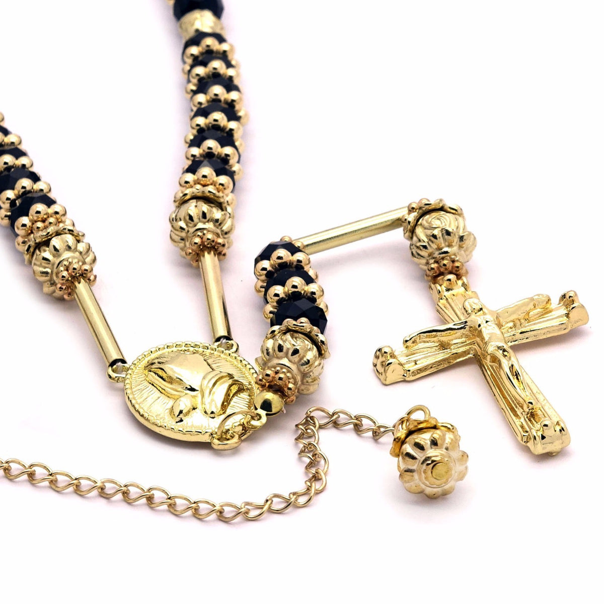 Men's 8mm Black Bead 14kt G.p Rosary Pray Hand & Jesus Cross Necklace