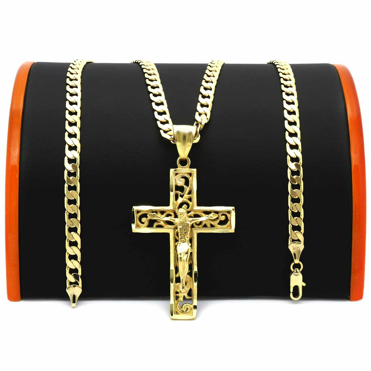 Men's 18k Gold " Jesus in Cross" Pendant 6mm 24" Cuban Chain