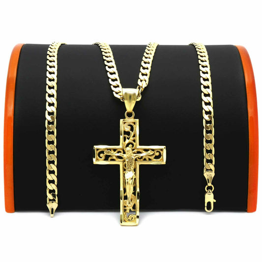 Men's 18k Gold " Jesus in Cross" Pendant 6mm 24" Cuban Chain