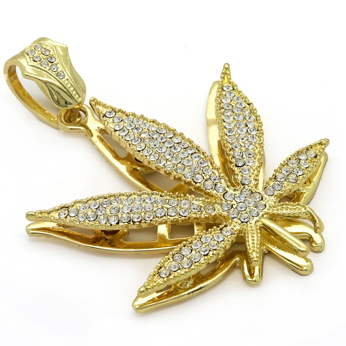 Gold Large Marijuana Pendant CZ 30" Cuban Chain & Bracelet
