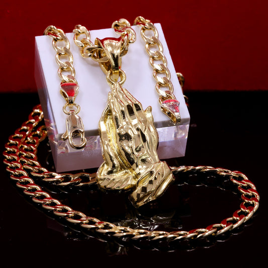 Jesus Prayer Hand 14k Gold Charm Pendant 20" Cuban Link Choker Chain 212