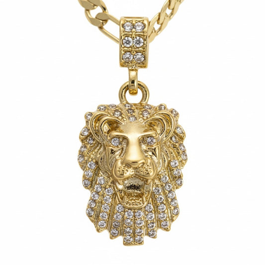 Men's Gold Tone CZ Lion Face Pendant 5mm 24" Figaro Necklace