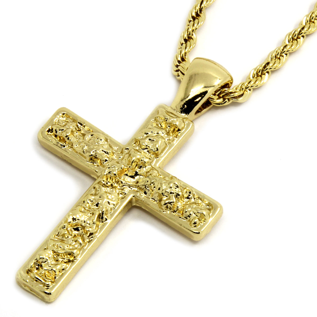 Men's 14k Gold Nugget Cross Pendant 3mm/24" Rope Chain