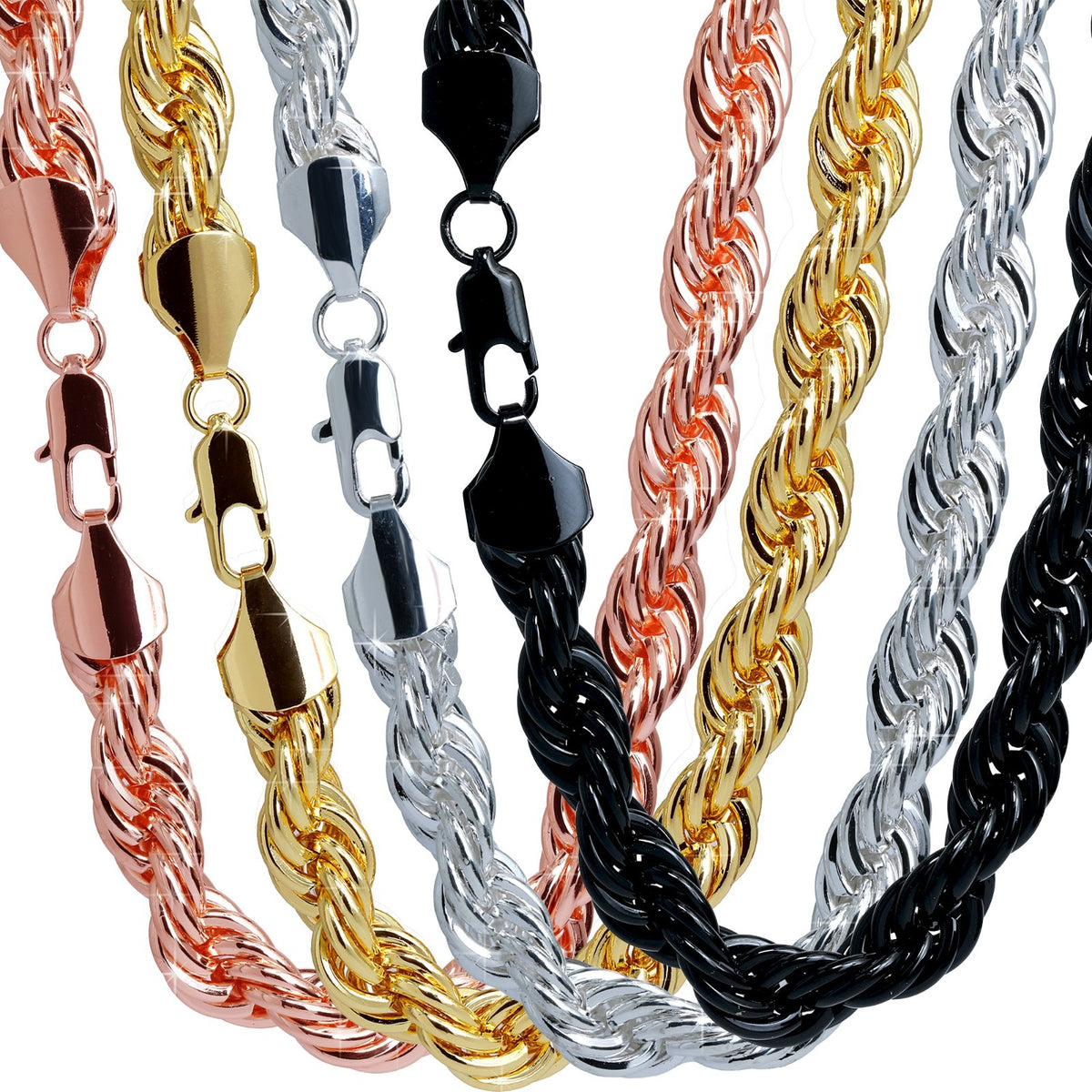 Rope Chain Necklace 10mm 30" Gold Silver Black & Rose Men Jewelry