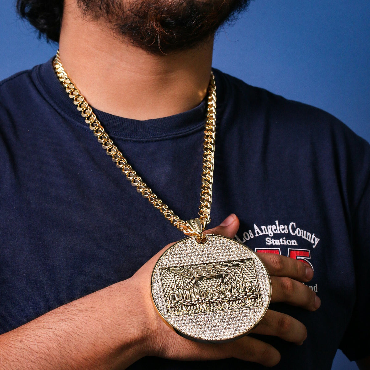 14k Gold Huge Last Supper Pendant CZ 24" Cuban Chain
