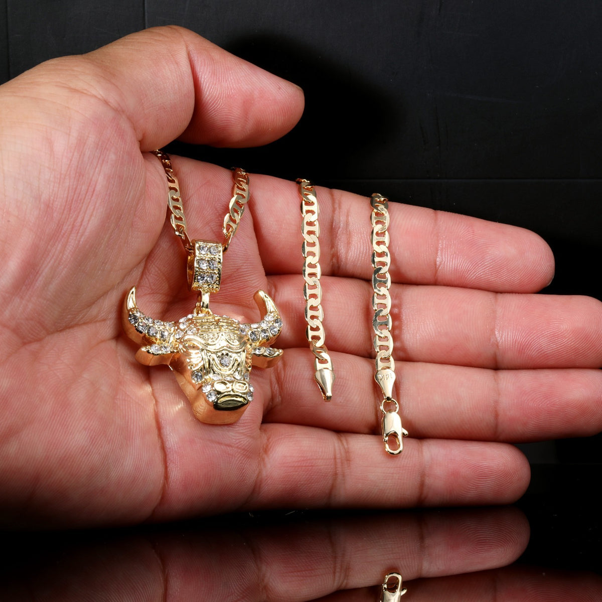 14k Gold Flat Mariner Chain Necklace 20" Bull Taurus Gold Men's