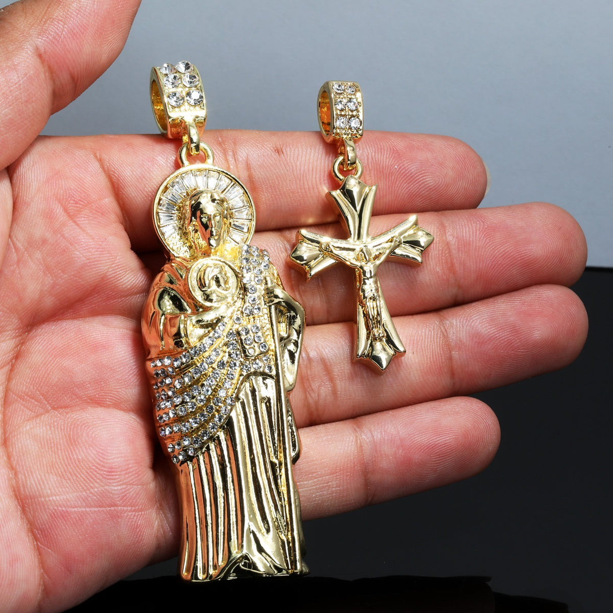 San Judas & Jesus Patonce Cross CZ 14k Gold 4mm Rope Chain