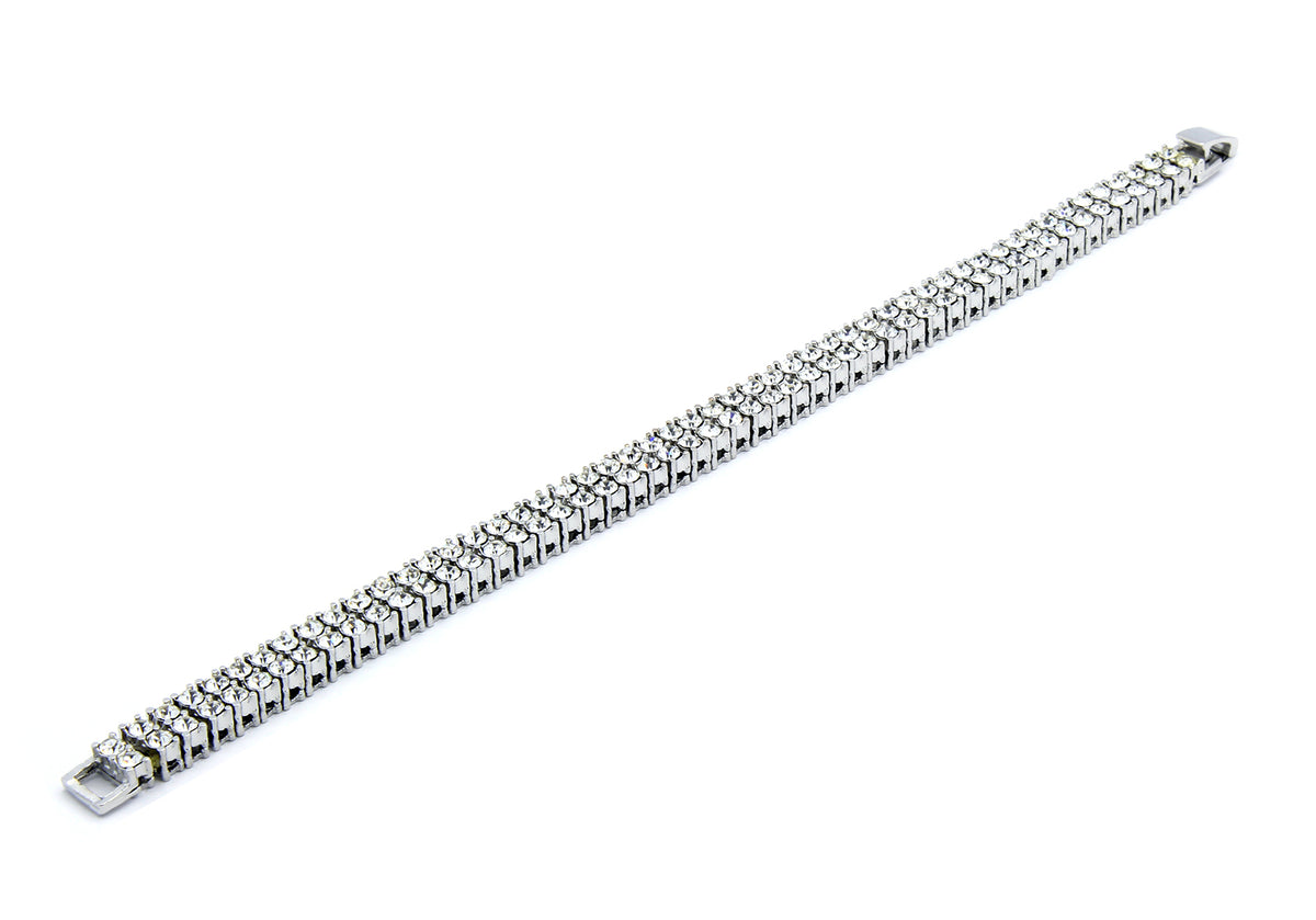 Men's Silver Clear CZ Stones 2 Row Bracelet 8"