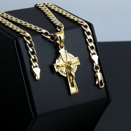 Risen Jesus Cross Charm Pendant 14k Gold 5mm 20" Cuban Choker Chain