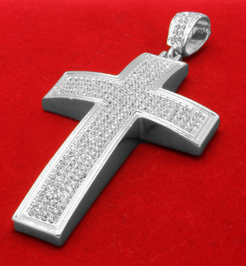 Men's Silver Cross Pendant CZ 24" Cuban Necklace Chain