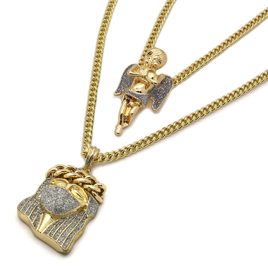 18k Gold High Jesus & Angel Set 3mm 24" and 30" Inch Cuban Chain