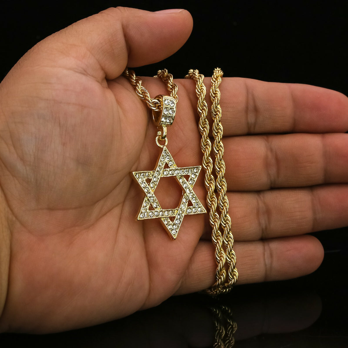 Star of David Pendant CZ 24 Rope Chain 18k Gold
