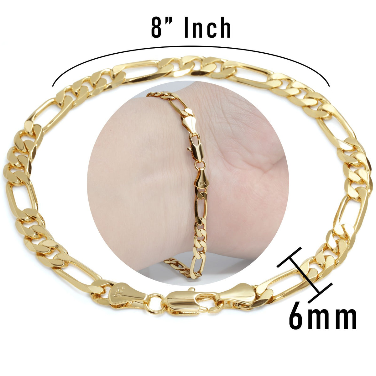 Figaro Link Chain Bracelet 6mm 8" 14k Gold Men's Jewelry