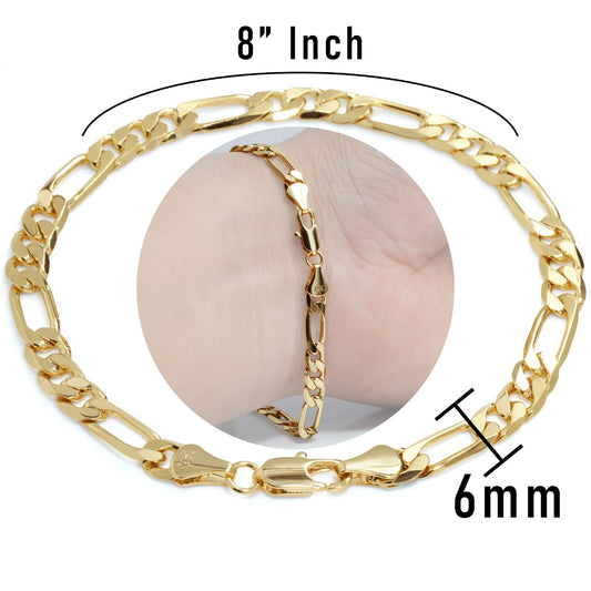 Figaro Link Chain Bracelet 6mm 8" 14k Gold Men's Jewelry
